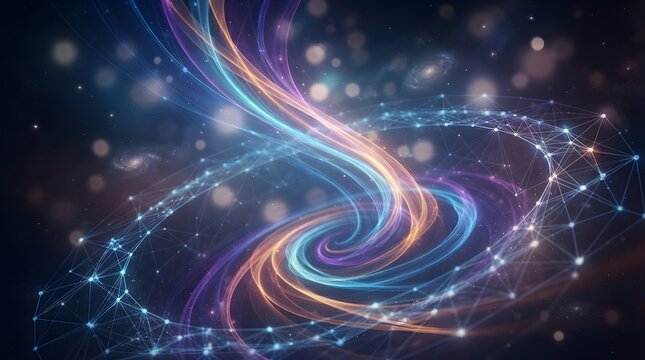 Futuristic cosmic energy vortex and digital neural network grid in deep space