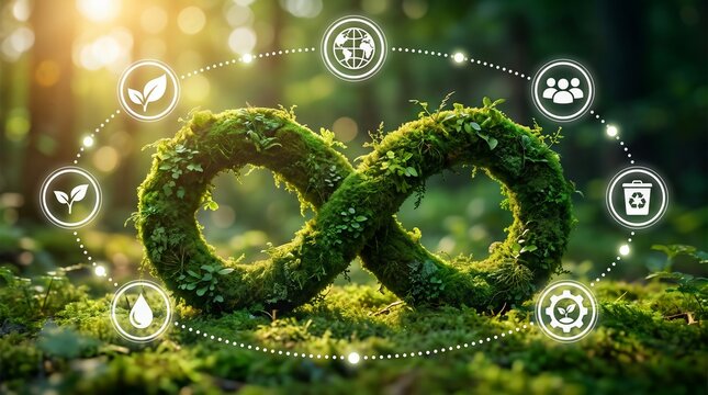 Circular Economy Infinity Symbol in Green Nature Representing Sustainability, Recycling and Regenerative Resource Systems