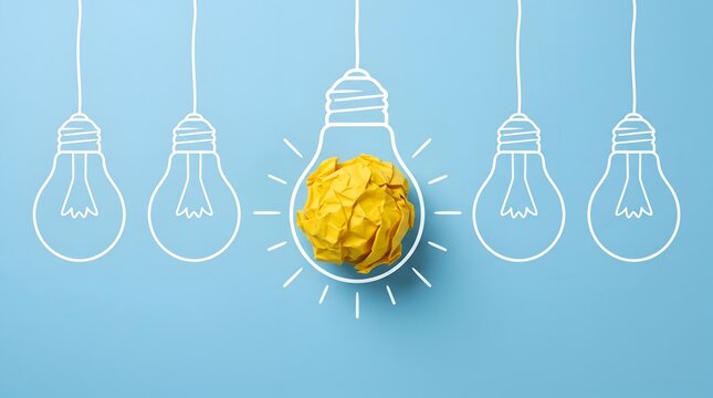 Creative Idea and Innovation Concept with One Yellow Crumpled Paper Lightbulb Standing Out on Blue Background