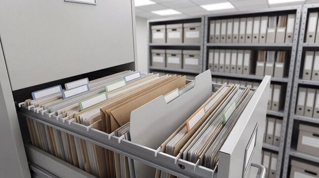Open grey filing cabinet drawer with organized paper files inside