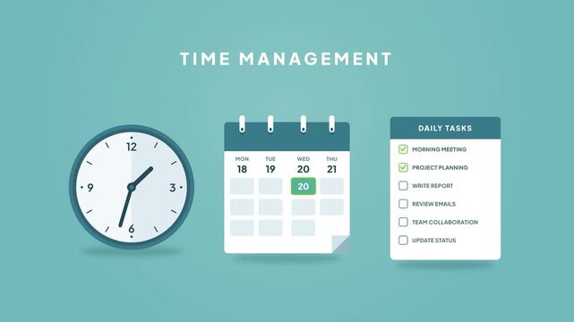 Time management concept with analog clock calendar planner and completed daily tasks checklist flat vector animation 4K