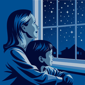 Mother and child viewing a starry night sky through a window.