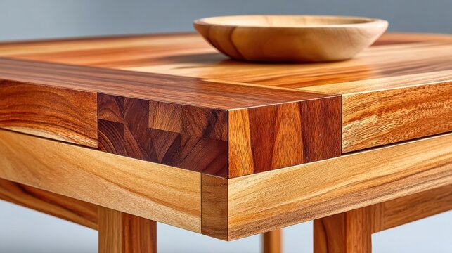 Wooden table with dovetail joint and walnut inlay showing solid craftsmanship, topped with small wooden bowl as home decor object