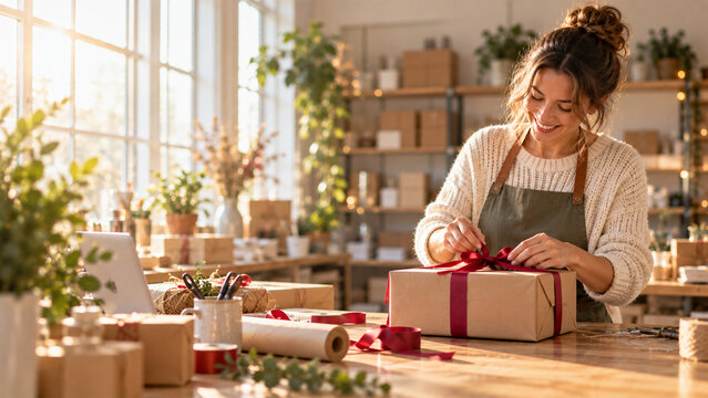 Smiling woman wrapping Christmas gifts with kraft paper and red ribbon at a craft table in a warm sunlit home workshop during the festive holiday season