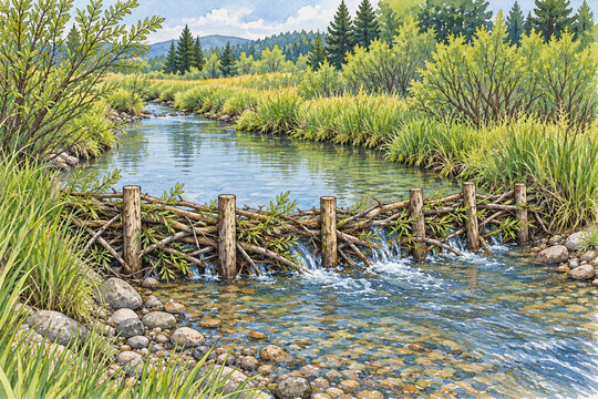 Scientific illustration of a beaver dam analog in a stream