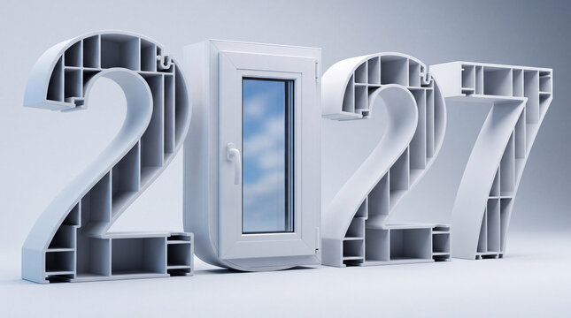 Modern white PVC window profiles with double glazing inserts and the year numbers two thousand twenty seven standing on a clean studio floor. Window manufacturing business, New Year.