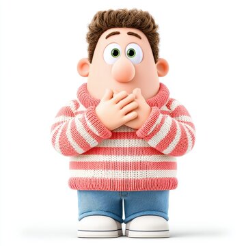 Surprised Cartoon Man in Striped Sweater Covering Mouth