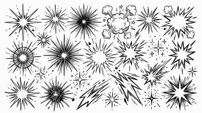 Collection of dynamic black and white explosive starburst illustrations with varied shapes and radiating patterns for creative