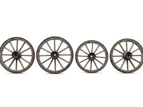Four vintage wooden wagon wheels in a row