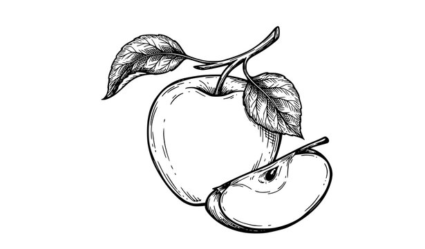 Hand drawn black and white sketch of a whole apple on a branch with two leaves and a cut apple slice, vintage engraving style fruit illustration on white background