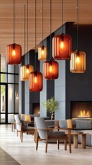 Fototapeta premium Amber glass pendant lights hanging in modern lounge with wooden ceiling and fireplace, interior design