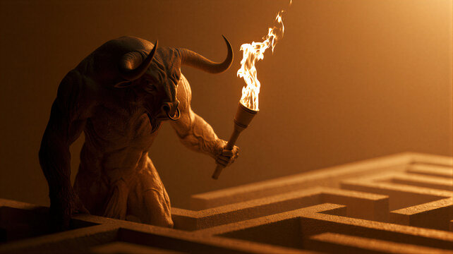 Minotaur holding a flaming torch in a maze. Halloween monster from Greek mythology and ancient legend. Labyrinth adventure, fantasy horror and mythical creature concept. Digital fantasy art.