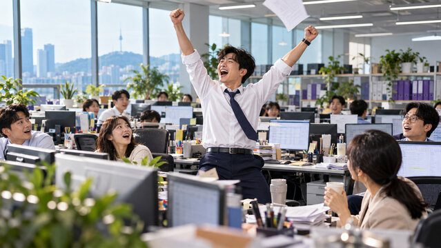Excited Asian businessman celebrating success with raised arms in a busy modern office while coworkers cheer, corporate achievement and teamwork concept