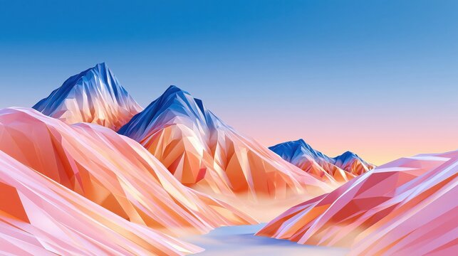 Low poly faceted mountains with angular crystal-like peaks under gradient sky, pink and blue hues dominate the surreal landscape
