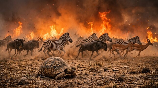 Wildebeest, Zebra, Antelope Stampede Across Savanna Amidst Wildfire