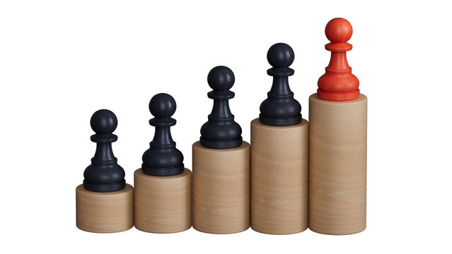 Leadership and growth concept, red pawn of chess, standing out from the crowd of  pawns,  empty copy space on right side.Supports PNG files with transparent backgrounds.
