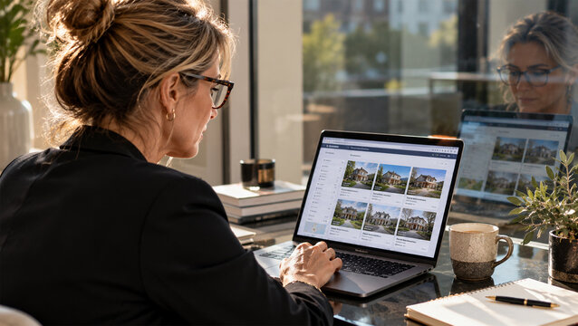 Female real estate agent searching property listings online on laptop in modern office, browsing houses for sale and working with digital real estate platform