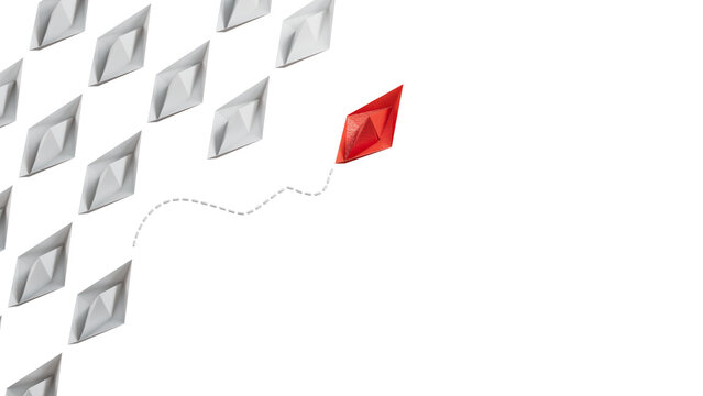 Individuality concept. Individual and unique leader red paper boat flies to the side. 3D illustration.Supports PNG files with transparent backgrounds.