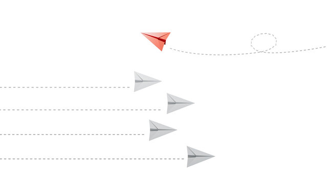 group of blue paper planes are sailing in one direction, one red is sailing in the opposite direction. The concept of an extraordinary personality