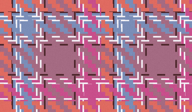 Abstract plaid pattern with geometric shapes in pastel pink blue and orange tones for textile design