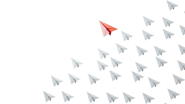 Different business concept.new ideas. paper art style. creative idea.Leaderplane concept with red paper plane leading among white.Supports PNG files with transparent backgrounds.