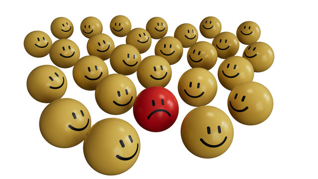 Sad RED face in a group of smileys - 3d Illustration.Wood BALL with smile, normal and sad face. Facial expressions. Mental health assessment.Supports PNG files with transparent backgrounds.