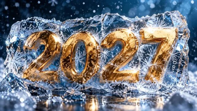 Golden numbers 2027 encased in ice with sparkling background  