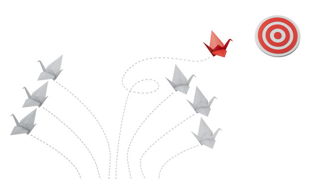 Red paper swan change direction from group hitting to target on blue background. Design for business creativity new idea to discovering new business options, Individual and unique leader
