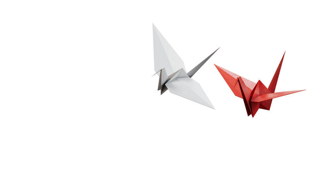Origami Bird, bird paper crane. 3d illustration pair of bird paper craft for Hiroshima remembrance day minimal style concept.Supports PNG files with transparent backgrounds.