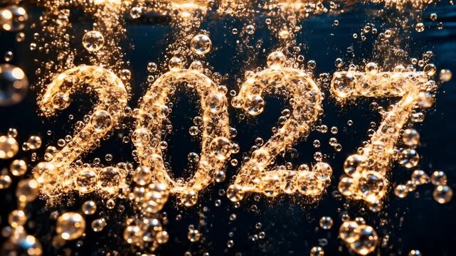 Sparkling 2027 number with bubbles in dark water background  