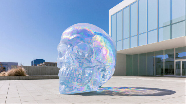 Iridescent skull sculpture in plaza beside glass building. Halloween art and seasonal decor. Contemporary sculpture, mortality and memento mori concept. Surreal public art installation.