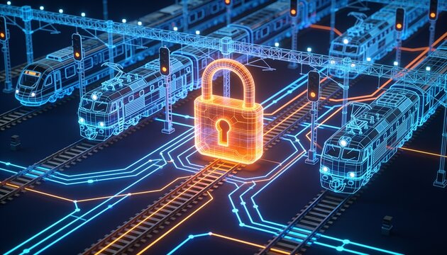 Isometric train station with cyber orange lock shield, holographic blue wireframe locomotives and glowing rail signal network on dark navy, railway data security technology illustration