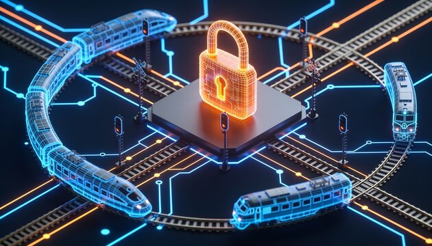 Isometric train station with cyber orange lock shield, holographic blue wireframe locomotives and glowing rail signal network on dark navy, railway data security technology illustration
