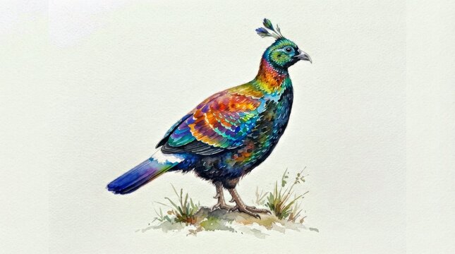  Himalayan Monal standing proudly with iridescent green, blue and copper plumage, elegant crest, pure watercolor