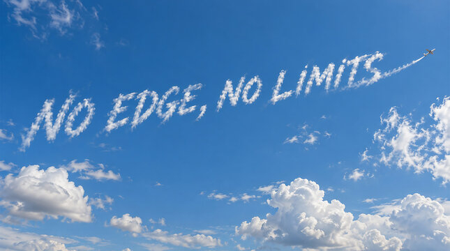 No edge, no limits motivational message written in white clouds across a bright blue sky with small airplane, freedom, ambition and limitless possibilities concept
