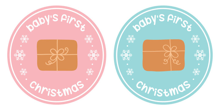 cute babys first christmas sticker with gift vector illustration