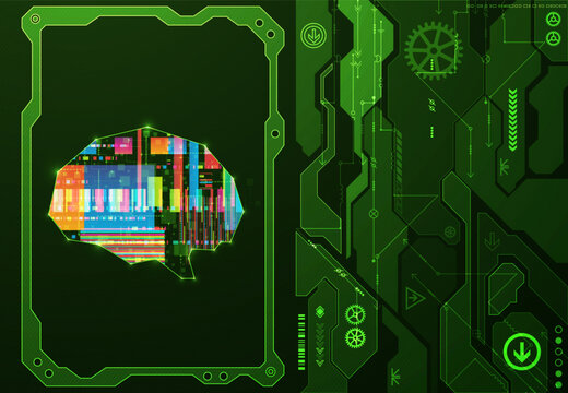 Cybernetic brain and digital technology abstract background.