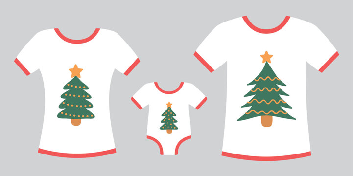 matching christmas shirt set mom dad and baby with christmas tree isolated vector illustration