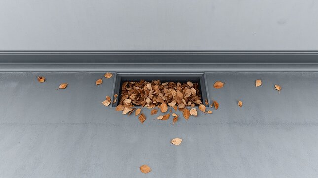 Dry Leaves Blocking Commercial Roof Scupper Drainage Opening