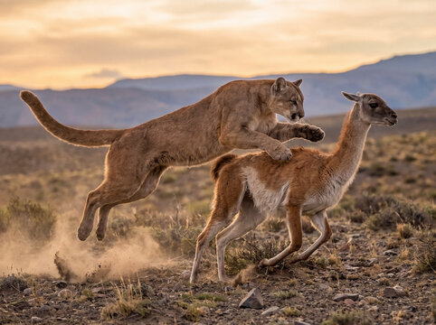 Cougar (Puma concolor) hunting a guanaco in Patagonia