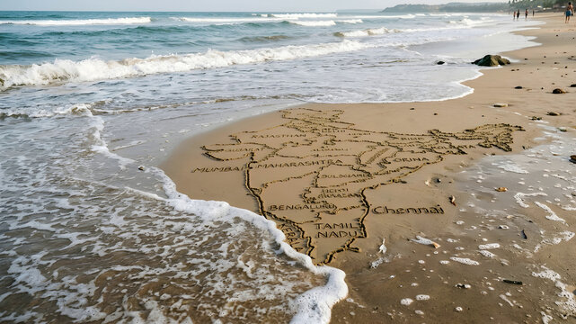 India map on beach sand with ocean waves travel destination indian tourism