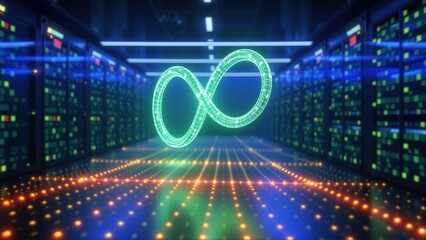 Fototapeta premium Server room displays infinity symbol. Bright lights create futuristic digital tunnel effect. Data center concept.