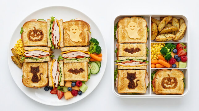 Halloween themed kids school lunch box and plate with toasted sandwiches featuring pumpkin ghost cat and bat shapes with fresh fruits and vegetables
