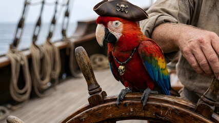 Naklejka premium Colorful parrot wearing pirate hat and skull necklace perched on ship wheel