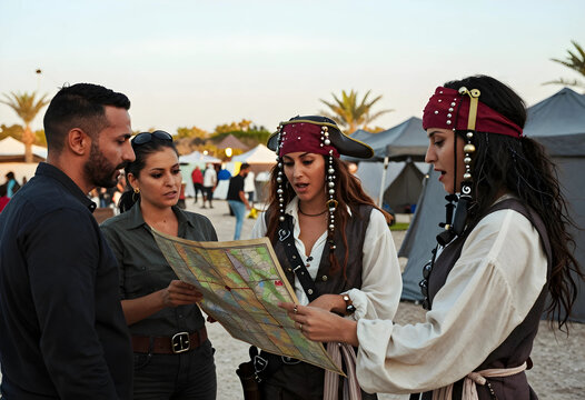 Teamwork and adventure planning, group of friends looking at a map for navigation and travel strategy during a themed outdoor event or festival