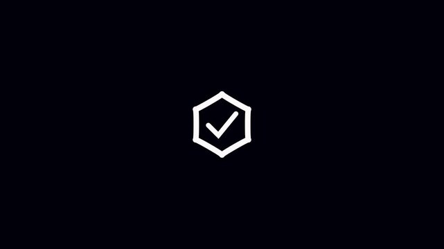Red hexagon icon with checkmark on black background, approved and verified concept