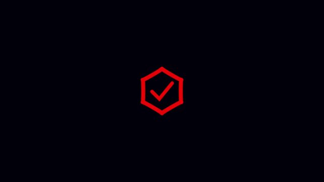 Red hexagon icon with checkmark on black background, approved and verified concept