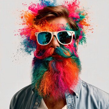 Bearded Man with Sunglasses and Vibrant Color Powder Explosion