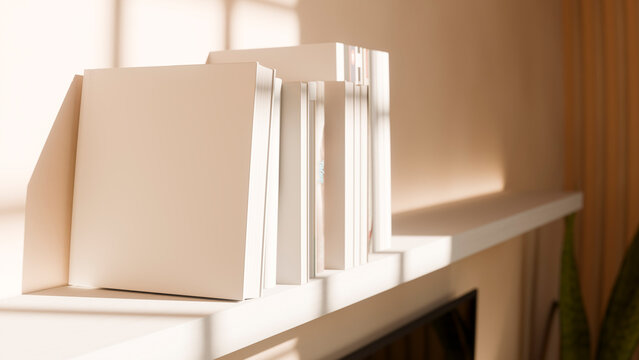 Books neatly arranged on white shelf with sunlight in modern interior