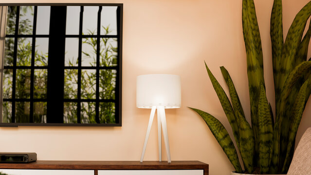 Table lamp with white shade beside snake plant in living room interior